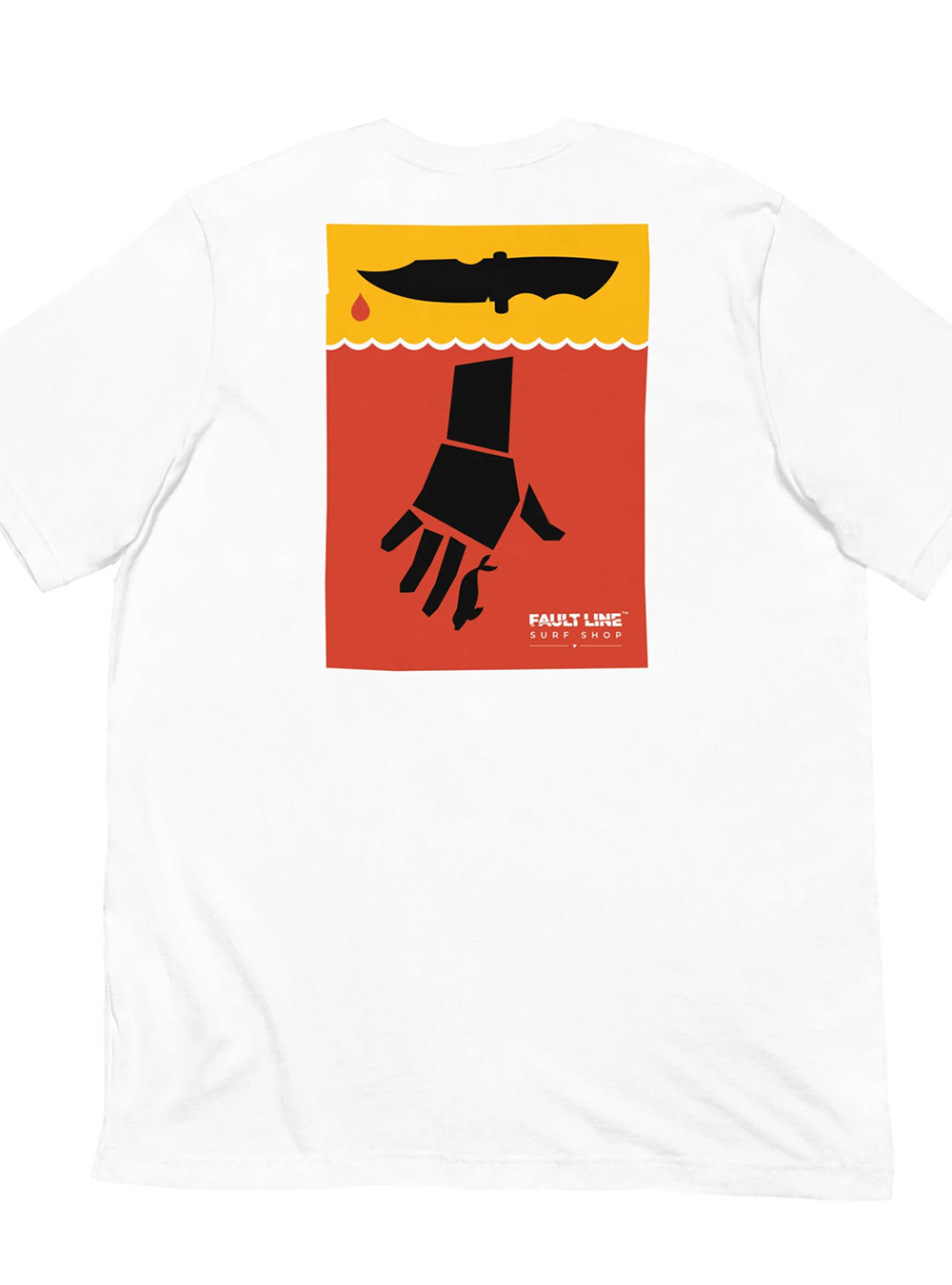 Abstract graphic 2D illustration of a hand shape cut into pieces in red water. One of its fingers is a seal. And there is a knife with a drop of blood.