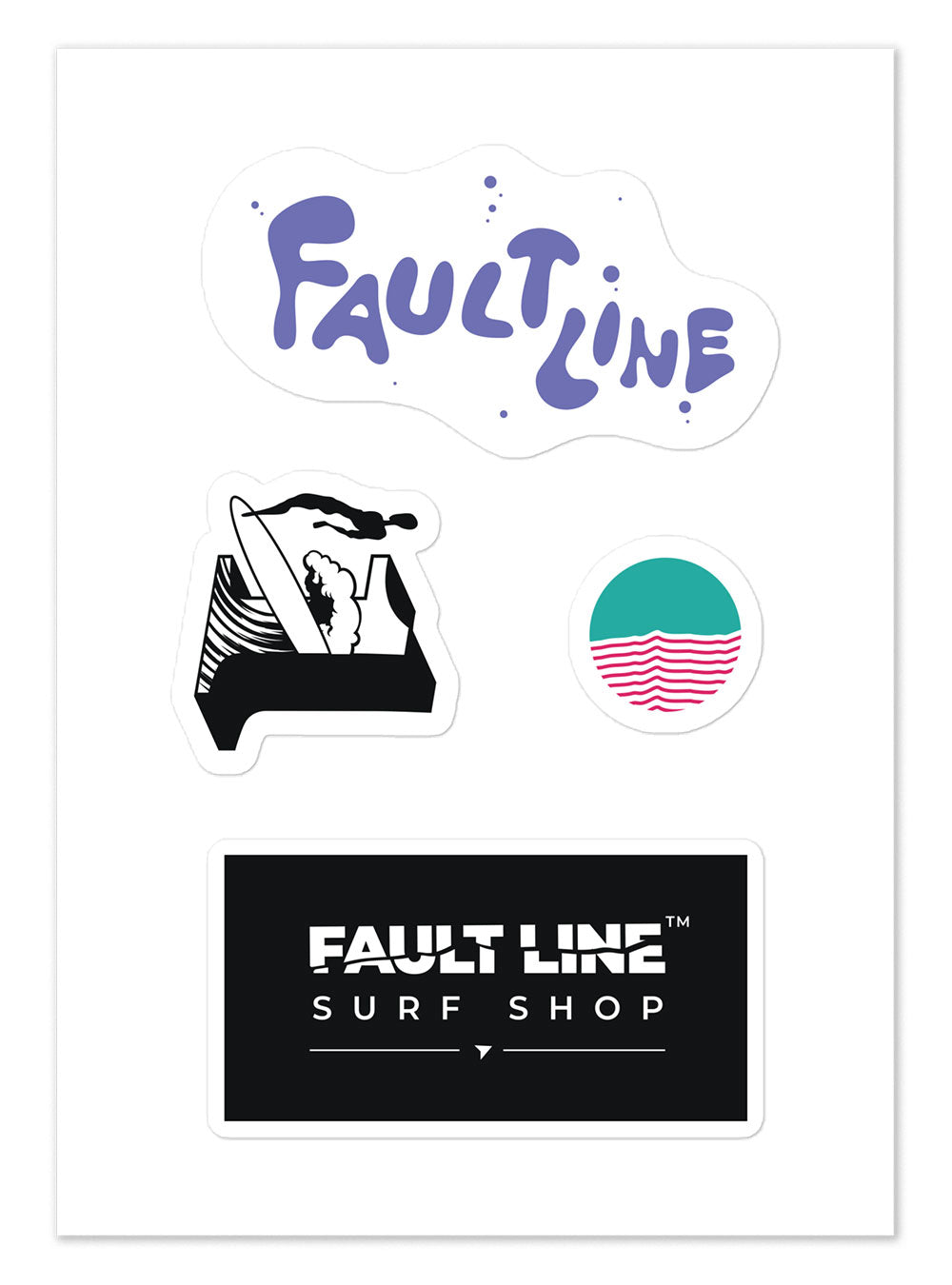Image of sticker sheet showing four stickers. 1. The words Fault Line in a bubble typeface 2. A graphic illustration of the ripples of waves 3. The Big One t-shirt graphic 4. A white Fault Line logo with a black background.